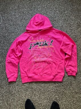 Bright Pink Graphic spider Hoodie with Spiderweb Design M